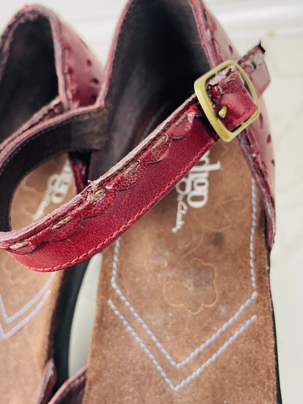 Indigo Clarks Burgundy Red Leather Scallop Edge Mary Jane Ankle Strap Heels | 8 - Picture 5 of 12